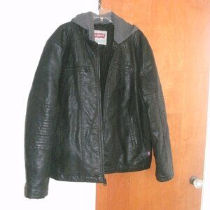 Levi's Black Full Zip Faux Leather Moto Jacket Attached Gray Hoodie mens size XL